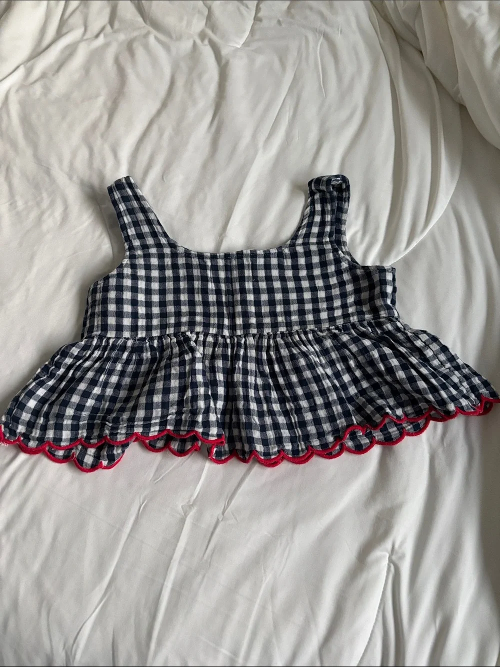 Old Navy Navy and White Gingham Peplum Tank with Red Scallop Trim